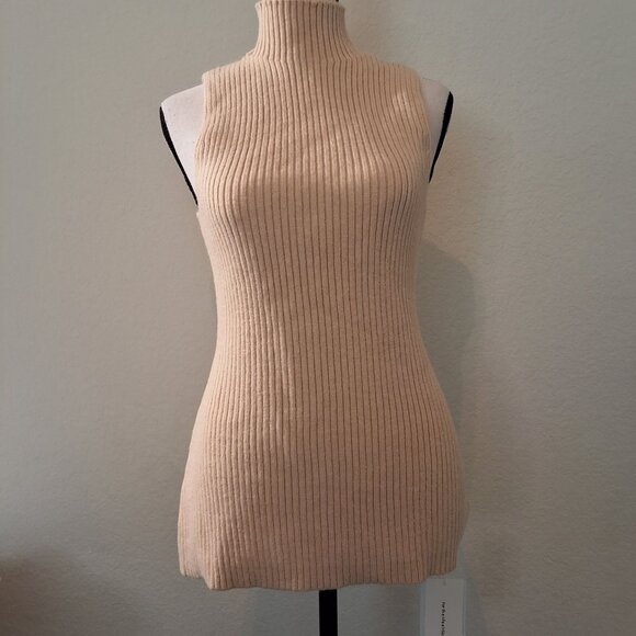Commense Womens Cream Ribbed Sleeveless Turtleneck Sweater Sz L Minimalist - Picture 1 of 6